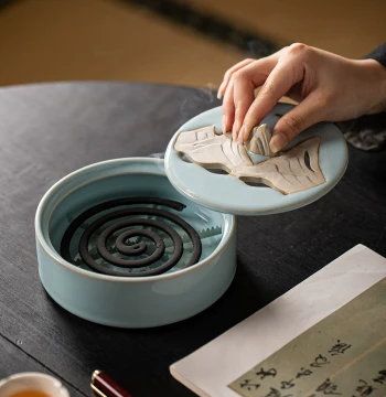 Zen Distant Mountain Ceramic Large Mosquito Coil Burner with Fireproof Lid, Living Room and Bedroom Incense Box, Vintage Incense Burner Decor