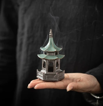 Ceramic Mini Incense Burner, Pocket-Sized Hexagonal Pavilion Coil Incense Burner for Home Indoor Use, Small Aromatherapy Burner with Zen Style Incense Display