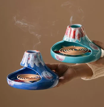 Ceramic Mosquito Coil Stand with Ash Catcher Box, Household Mosquito Coil Holder, Anti-Scald Ash Collection Tray, Creative Volcano-Style Incense Burner and Coil Rack