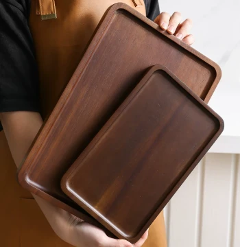 Japanese Style Acacia Wood Solid Rectangular Tray for Coffee Cups, Tea Sets, and Desktop Storage