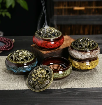 Ceramic Coil Incense Burner with Kiln-Change Glaze, Small Household Agarwood Smoking Censer for Indoor Air Purification, Sandalwood and Mugwort Aromatherapy Burner