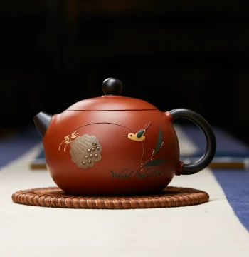 Yixing Zisha Teapot by Renowned Master - Pure Handmade Relief Painting of Flowers and Birds, Xishi Style Home Kung Fu Tea Set