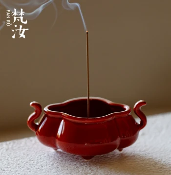 Fanru Forbidden City Red Ceramic Stick Incense Burner, Small Indoor Home Aromatherapy Censer for Sandalwood Stick Incense, New Chinese Style