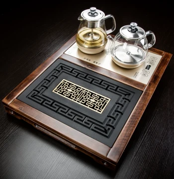 Integrated Automatic Small Kung Fu Tea Tray Set with Rosewood Solid Wood Base, Home Balcony Tea Station with Stone Drainage Holder