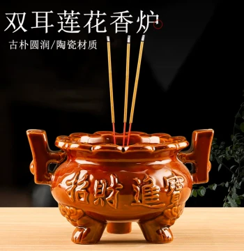 Large Ceramic Three-Legged Incense Burner for Home Worship - Candle Holder and Wealth-Attracting Censer with Stick Incense Support