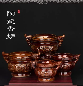 Household Ceramic Incense Burner for Buddha Worship, Guanyin, Incense Sticks, God of Wealth; Ancient Bronze Color Double-Eared Buddhist Ritual Item for Home Altar