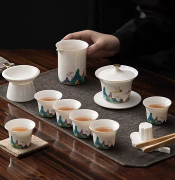 Premium Mutton Fat Jade Hand-Painted Mountain View Tea Set with Gaiwan and Cups for Home, Office, Guest Reception, and Gifting