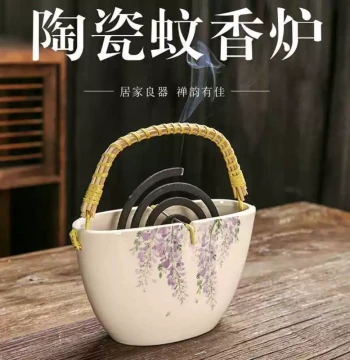Chinese-Style Handheld Mosquito Coil Burner with Ash Catcher Tray, Home Creative Mosquito Coil Stand, Ceramic Vintage-Style Incense Burner Tray