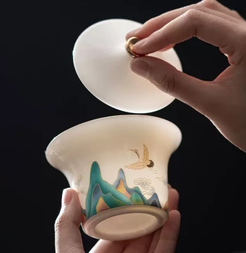 Premium Mutton Jade Hand-Painted Mountain View Tea Set with Gaiwan and Teacups for Home, Office, Guest Reception, and Gifting