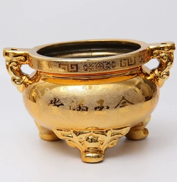 Jinze Ceramic Sand-Gold Home Incense Burner, Auspicious 'Gold and Jade Fill the Hall' Household Worship Three-Legged Tripod Gold-Plated Indoor Aromatherapy Burner