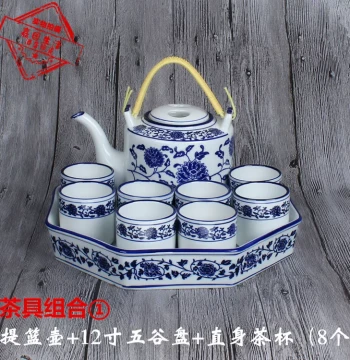 Blue and White Porcelain Five-Grain Plate Home Cold Water Pitcher Basket Set with Teapot and Cups, Hotel and Restaurant Ceramic Tableware Display
