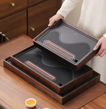 Solid Wood Tea Tray for Home Living Room, Premium Small Tea Table with Tea Set, Office Imitation Wujin Stone Dry Brewing Platform