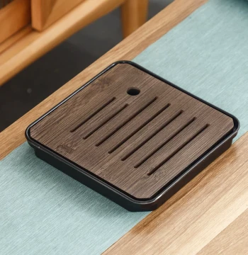 Home Tea Tray 2025 New Small Solid Wood Tray with Plastic Drainage Plate, Chinese Style Water Drain Tea Stand