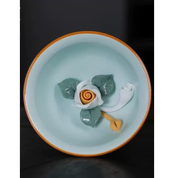 Hand-Kneaded Flower Tea Cup, Ru Kiln Open-Mouth Piece, Compatible with Master Cups, Women's Single Cup, Ceramic Kung Fu Teaware, Bamboo Lid Cup