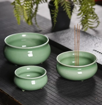 Celadon Buddhist Three-Legged Censer - Small Home Incense Burner for Offering Stick Incense, Ceramic Aromatherapy Furnace for Worship