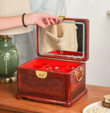 Tianzong Zambian Blood Sandalwood Carved Jewelry Box with Mirror and Adjustable Light - Solid Wood Storage for Jewelry, Jade, and Property Deeds