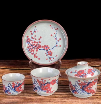 Hand-Painted Winter Plum Gaiwan Teacup with Matching Tea Set, High-End Chinese Style Wood-Fired Tea Brewer for Home Use, Kung Fu Tea Set