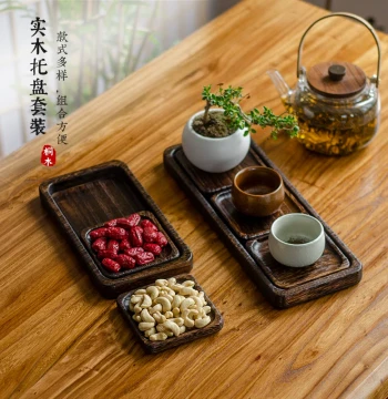 Chinese-Style Tea Tray, Small Household Retro Wabi-Sabi Wooden Tea Serving and Snack Plate, Tea Stand, Rectangular Solid Wood Tray for Tea Sets