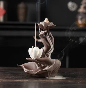 New Chinese Style Buddha's Hand and Lotus Heart Purple Clay Backflow Incense Burner, Creative Ceramic Incense Holder for Home Use, Zen Decor