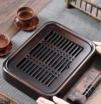 Minimalist Black Ebony Small Tea Tray for Home Use, Solid Wood Water-Storage Tea Serving Tray with Drainage, Chinese Style Kung Fu Tea Set Tea Sea