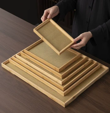 Bamboo and Wood Tray Solid Wood Home Rectangular Tea Tray Kindergarten Meal Tray Postpartum Beauty BBQ Bread Tray Woven