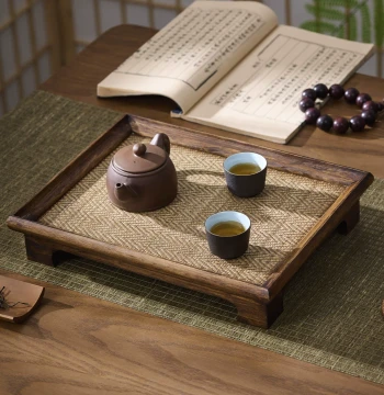 Home Japanese Style Solid Wood Dry Brew Tea Tray, Vintage Small Tea Table, Rectangular Tea Cup Tray, Zen Bamboo Woven Tea Serving Tray