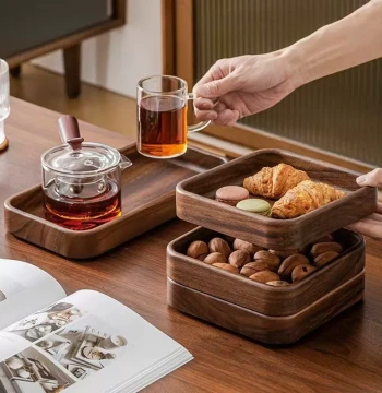 Solid Wood Square Serving Tray, Double-Layer Storage Tray for Dried Fruits, Snack and Tea Point Tray, Home Tea Set Display Tray