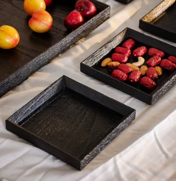 Wabi-Sabi Vintage Solid Wood Rectangular Tray – Black Wooden Serving Plate for Hotels, Homestays, Clubs, and Cafes