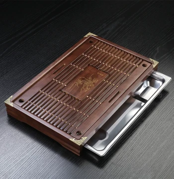 Solid Wood Tea Tray with Stainless Steel Base and Drawer - Minimalist Home Tea Table Setup for Living Room