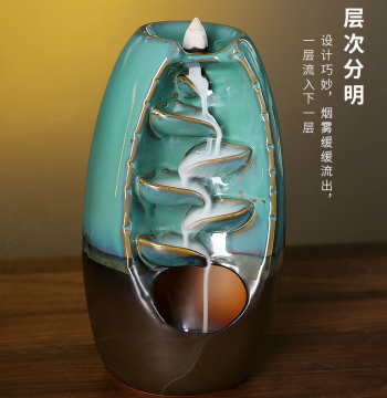 Backflow Incense Burner Ornament, Creative Ceramic Home Decor for Indoor Use, 'Good Fortune from All Directions' Design, Mountain-and-Water Flow Aromatherapy Furnace for Sandalwood