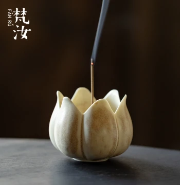 Fanru Chinese Style Decorative Flower Bud Incense Burner Beige Kiln-Change Ceramic Stick Incense Burner Small Desktop Ornament Incense Holder