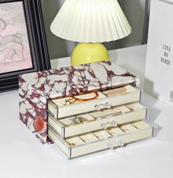 Natural Marble Jewelry Box – Italian Carrara Taza Purple Marble, Pink Jade Jewelry Display Case and Decorative Ornament