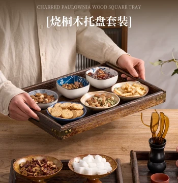 Wabi-Sabi Style Tray Art Charcoalized Wood Dry Brew Tea Tray Fruit Plate Decorative Ornament Homestay Restaurant Solid Wood Plate Display