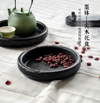 Wabi-Sabi Style Carbonized Wood Tea Tray Vintage Solid Wood Tea Ware Snack Candy Plate Home Tea Ceremony Tray Black Wooden Plate