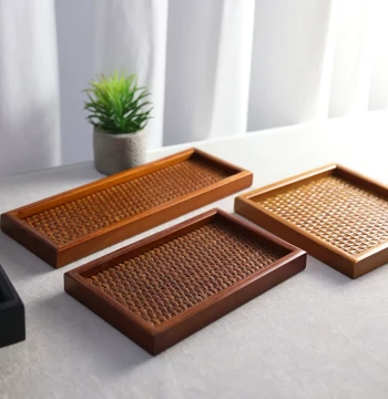 Rattan-Woven Rectangular Wooden Tray for Home Use, Solid Wood Tea Set Tray, Living Room Snack Platter, Multi-Purpose Wooden Plate
