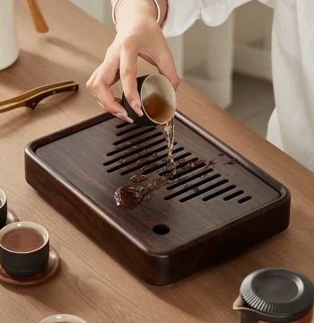 Ebony Solid Wood Tea Tray for Home Use, Small Water-Storage Style Premium Tea Serving Tray with Drainage for Gongfu Tea Sets, Dry Brewing Tea Table