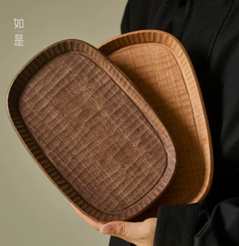 Rushi/Japanese Pure Hand-Carved Tray Cherry Wood Tea Tray Home Solid Wood Handmade Fruit Plate Dining Plate Living Room