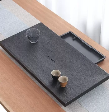 Natural Black Gold Stone Tea Tray with Drawer, Water Storage and Drainage Dual-Use Drip Stone Tea Station for Home