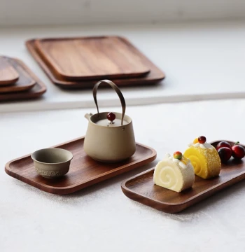 Acacia Wood Rectangular Tray, Japanese Style Solid Wood Serving Tray for Water Cups, Original Wood Tea Tray, Round Wooden Plate