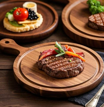 Solid Wood Round Pizza Serving Tray - Ebony Steak Plate, Bread Board, Western-Style Fruit & Tea Platter