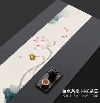 Ink Wash Lotus Table Runner, Tea Table Decor, Tea Mat, Waterproof Cotton Linen Tablecloth, Chinese Minimalist Dining Table Cloth, Bed Flag, Tea Table Cloth