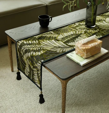 Green Background with Luxury Gold Leaf Embroidery Table Runner, Atmospheric Decorative Tea Table Mat, Tea Ceremony Cloth, Dining Table Decor, Coffee Table Cover