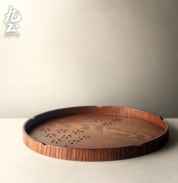 Japanese Style Wooden Tea Tray Solid Wood Hollow Large Round Tray Tea Tray Dining Cup Tray Fruit Plate Snack Plate Home Use