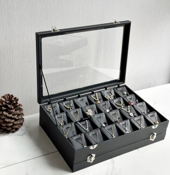 Large Capacity Black PU Leather Storage Box for Collectibles, Jade, Necklaces, Rings, Earrings, and Studs - Shop Display Case
