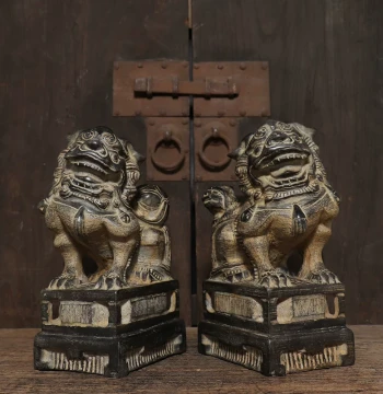 Antique Bluestone Carved Male & Female Lion Pair: Chinese Desktop Tea Ceremony Decor, Collectible Art Piece with Free Shipping