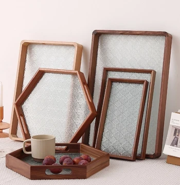 Vintage Begonia Flower Glass Tray Home Rectangular Walnut Solid Wood Small Tea Tray Cup Storage Fruit Snack Plate