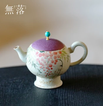 Wuluo Hand-Painted Wisteria and Playing Fish Teapot with Turquoise Knob Caramel Glaze Retro Handmade Tea Ware Kung Fu Tea Set Single Pot