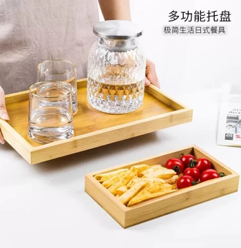 Bamboo and Wood Rectangular Tray, Home Dining Platter, Solid Wood Teaware and Water Cup Holder, Japanese Style Wooden Tray for Photography, Small Tea Tray