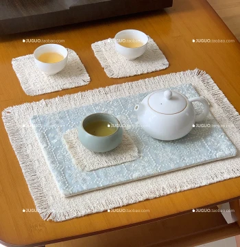 Instagram Style Handmade Embroidered Light Blue Tea Mat Luxury High-End Feel Placemat Teacup Coaster Desktop Decorative Pad Photography Prop