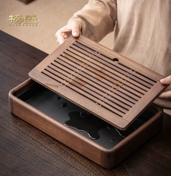 Bangsheng Walnut Wood Tea Tray, Small Home Tea Table with Water Storage and Drainage, Solid Wood Dry Brew Disc